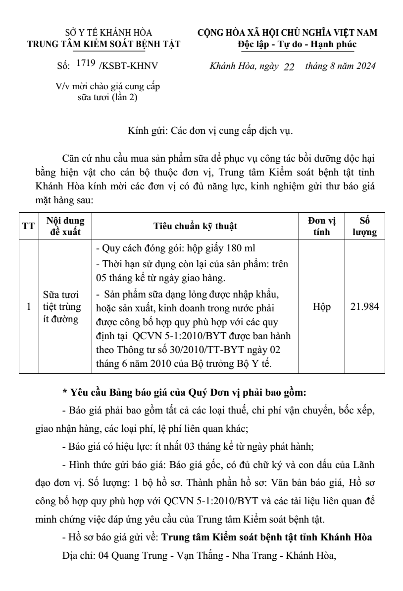 Mời chào giá cung cấp sữa tươi (lần 2)